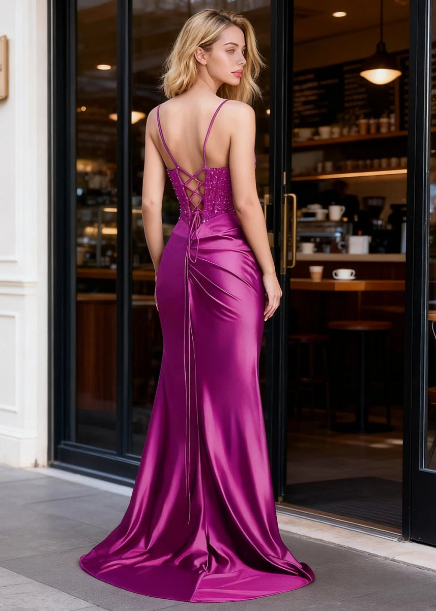 Aureate Fuchsia Mermaid Pleated Prom Dress | Cowl Neck Corset Sequins Dress with Slit - US0 - PromDressClub