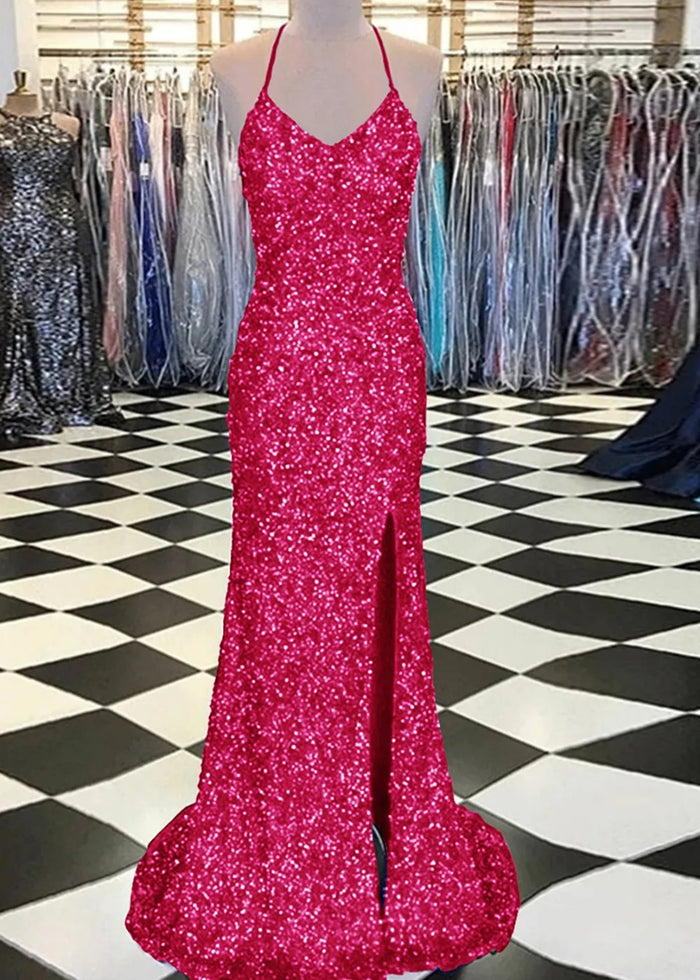 Aurora | Mermaid Long Royal Blue Prom Dress With Sequin Slit - Fuchsia - PromDressClub