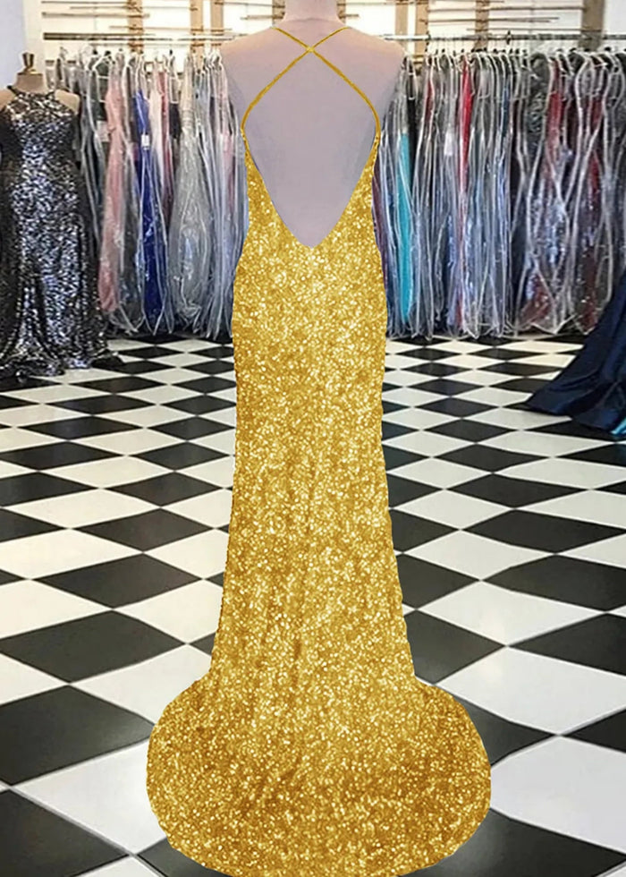 Aurora | Mermaid Long Royal Blue Prom Dress With Sequin Slit - Gold - PromDressClub