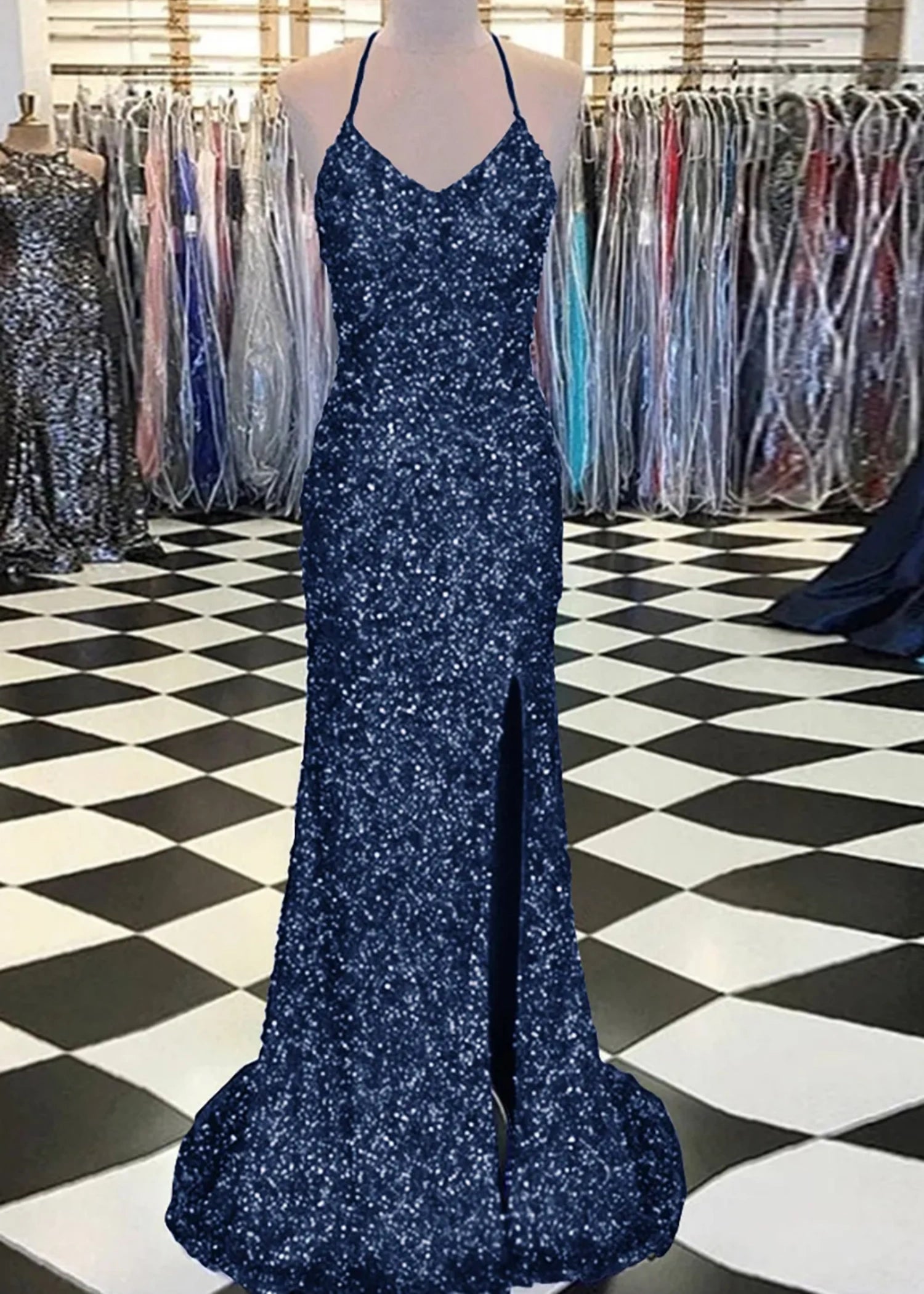 Aurora | Mermaid Long Royal Blue Prom Dress With Sequin Slit - Navy Blue - US0 - PromDressClub