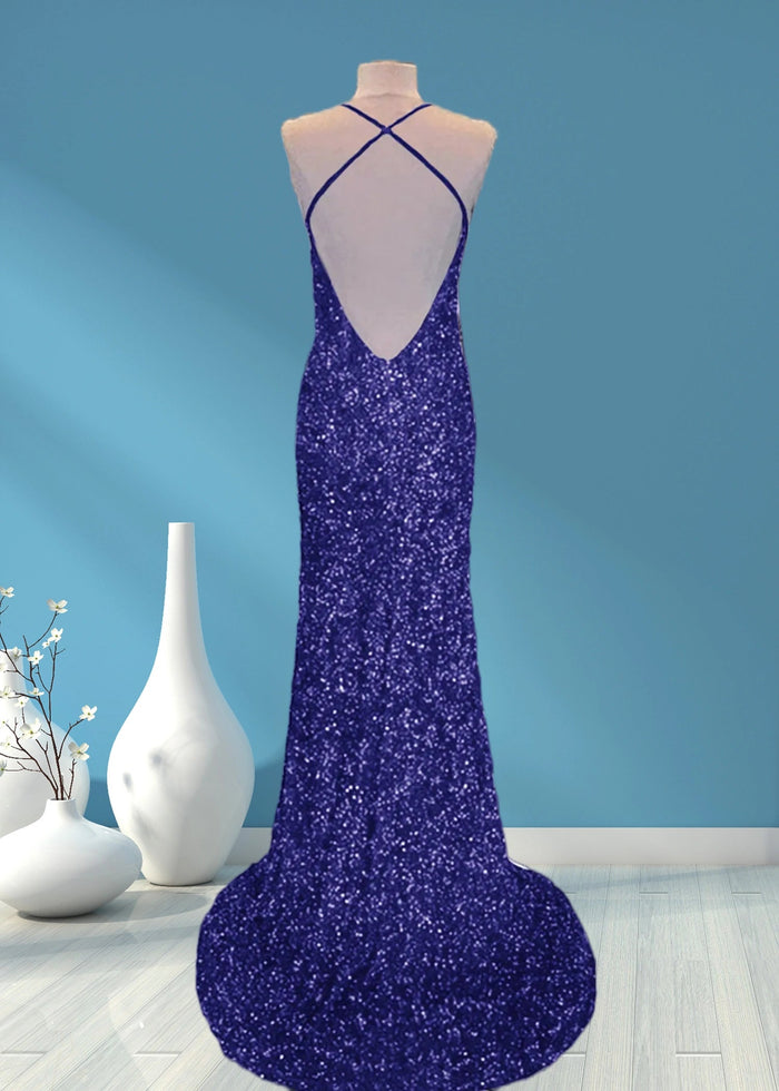 Aurora | Mermaid Long Royal Blue Prom Dress With Sequin Slit - Navy Blue - PromDressClub