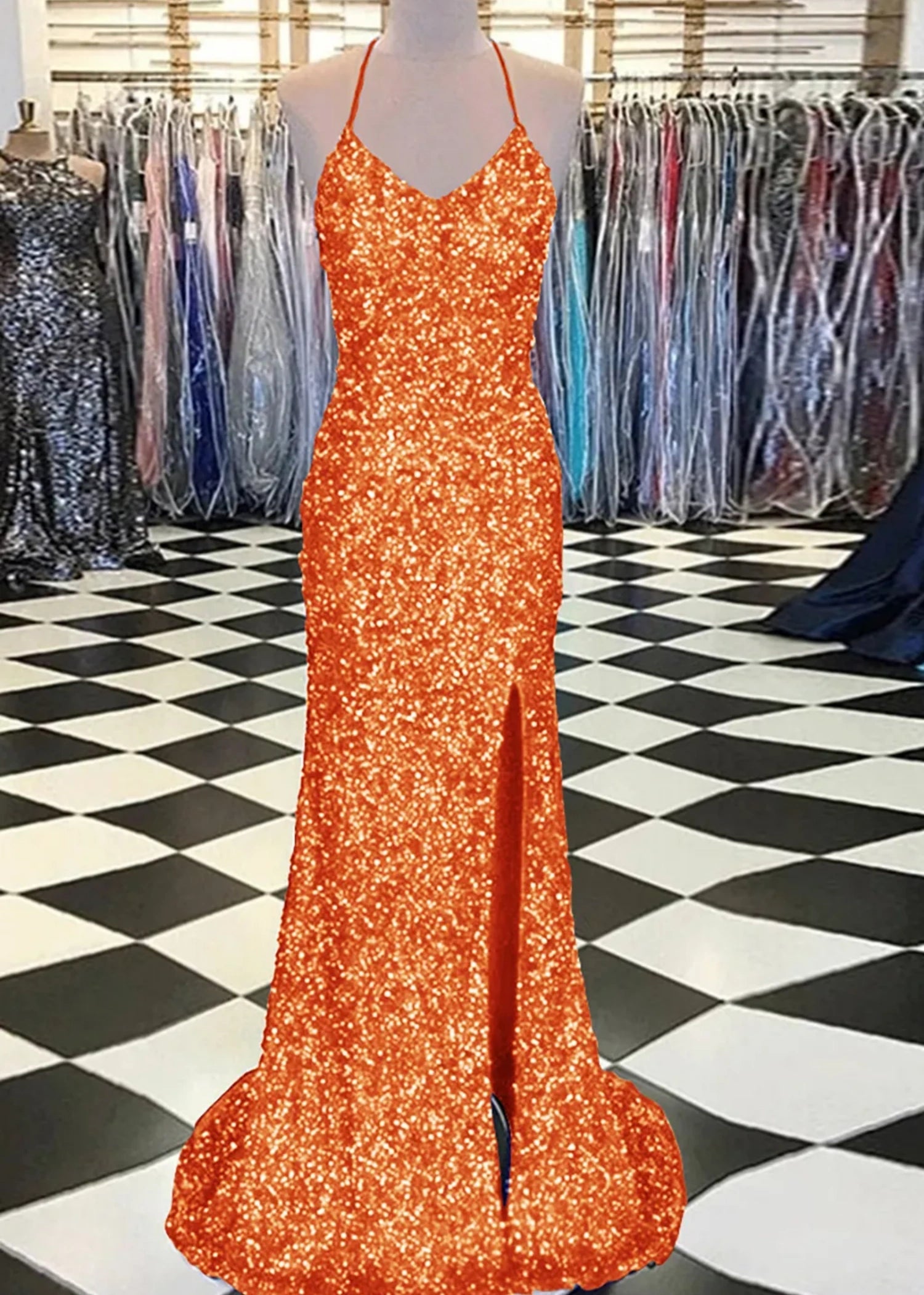 Aurora | Mermaid Long Royal Blue Prom Dress With Sequin Slit - Orange - US0 - PromDressClub