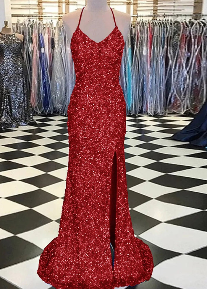 Aurora | Mermaid Long Royal Blue Prom Dress With Sequin Slit - Red - PromDressClub