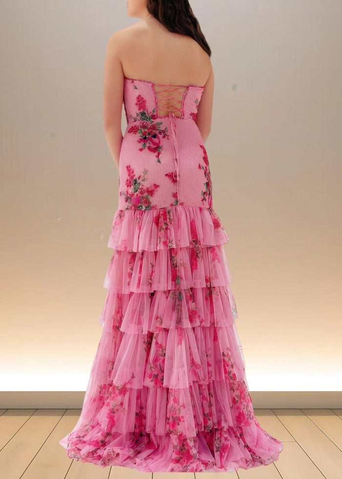 Aurora | Pink Floral Mermaid Sequin Strapless Ruffle Formal Dress with Slit - Pink Floral - PromDressClub