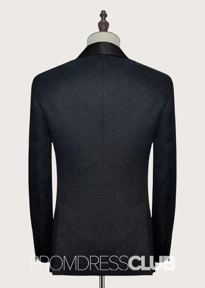 Austin |Classic Black Prom Suits For Men With Jacquard Shawl Lapel Silk One Button | Two Pieces Bespoke Wedding Groom Suits - Price #price_variant_lowest# - 34 - PromDressClub