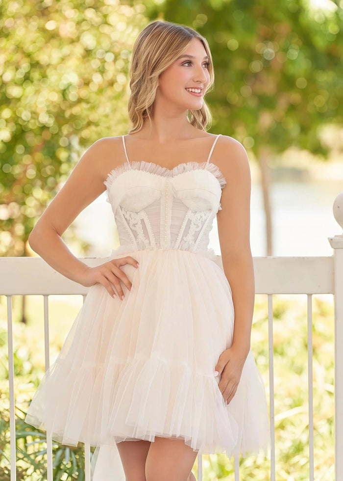 Autumn | A Line Sage Green Tulle Corset Lace Appliques Homecoming Dress Bow - Champagne - PromDressClub