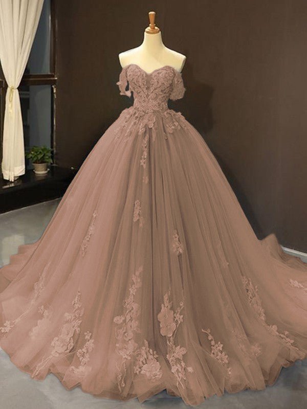 Selena |Ball Gown Natural Tulle Off - the - Shoulder Sleeveless Applique Sweep/Brush Train Prom Dresses 2025 - Dark Navy - US0 - PromDressClub