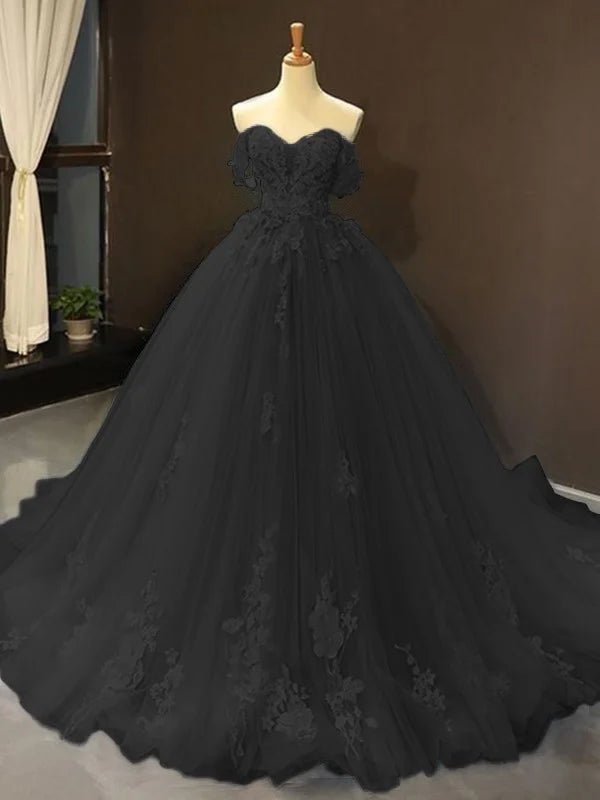Selena | Sky Blue Prom Dresses Long Ball Gown Tulle Off - the - Shoulder Sleeveless Applique - Black - PromDressClub
