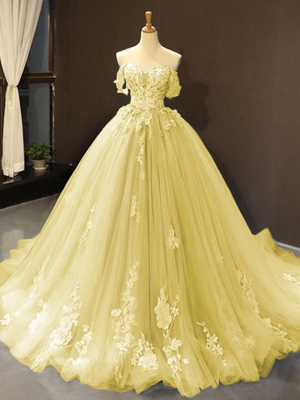 Selena |Ball Gown Natural Tulle Off - the - Shoulder Sleeveless Applique Sweep/Brush Train Prom Dresses 2025 - Daffodil - US0 - PromDressClub