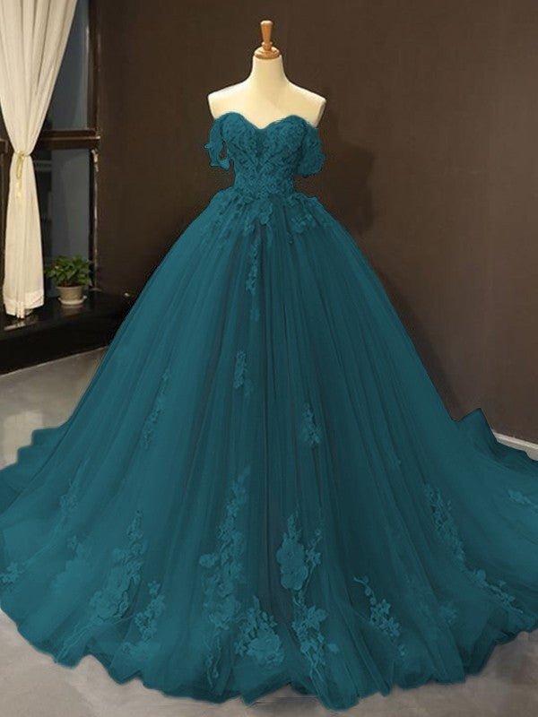 Selena | Sky Blue Prom Dresses Long Ball Gown Tulle Off - the - Shoulder Sleeveless Applique - Dark Navy - PromDressClub