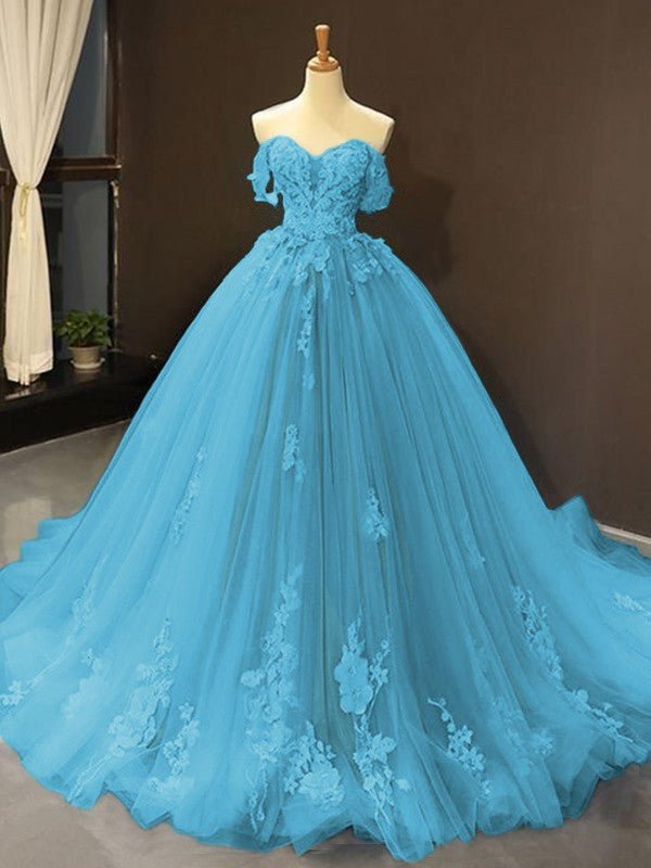 Selena |Ball Gown Natural Tulle Off - the - Shoulder Sleeveless Applique Sweep/Brush Train Prom Dresses 2025 - Dark Navy - US0 - PromDressClub