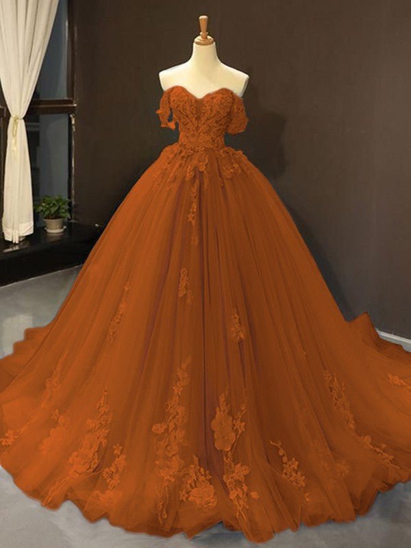 Selena |Ball Gown Natural Tulle Off - the - Shoulder Sleeveless Applique Sweep/Brush Train Prom Dresses 2025 - Rust - US0 - PromDressClub