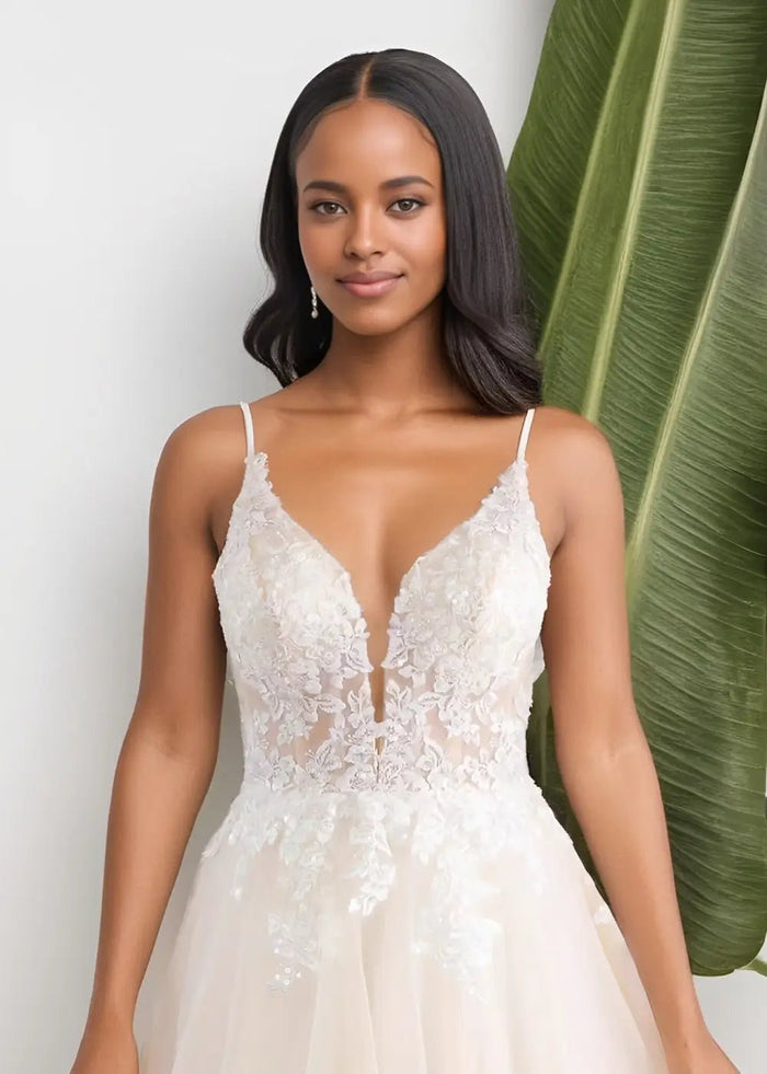 Rita |Ball - Gown/Princess V - Neck Waterfall Skirt Court Train Tulle Lace Long Wedding Dress With Train - Champagne - PromDressClub