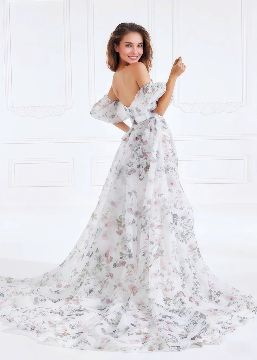 Ball Gown/Princess White Print Floral Strapless Corset Detachable Sleeve Formal Dress with Slit - White Floral - PromDressClub