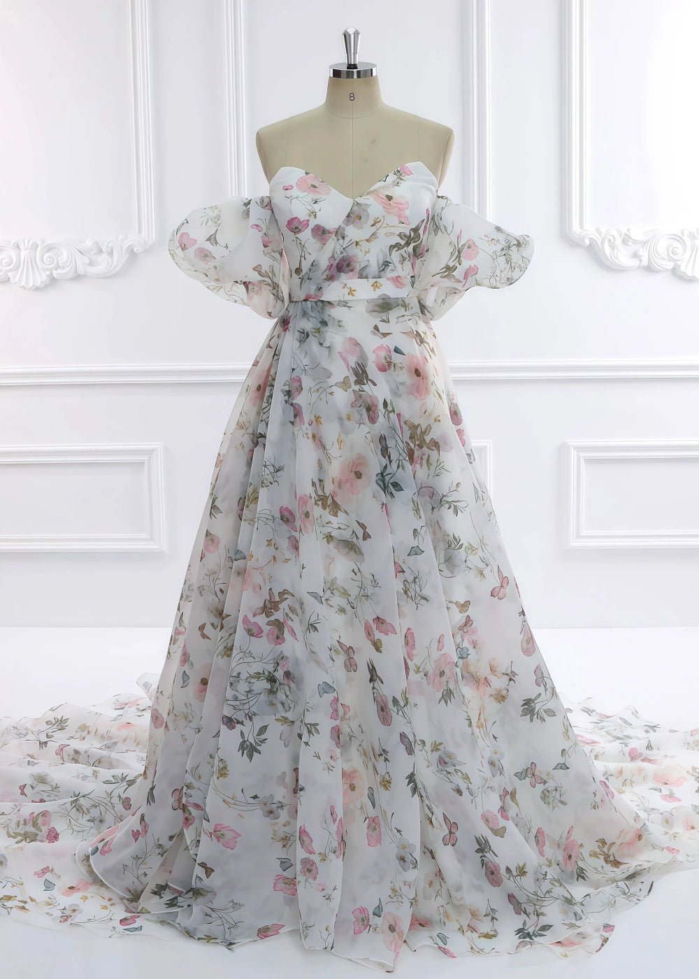 Ball Gown/Princess White Print Floral Strapless Corset Detachable Sleeve Formal Dress with Slit - White Floral - PromDressClub
