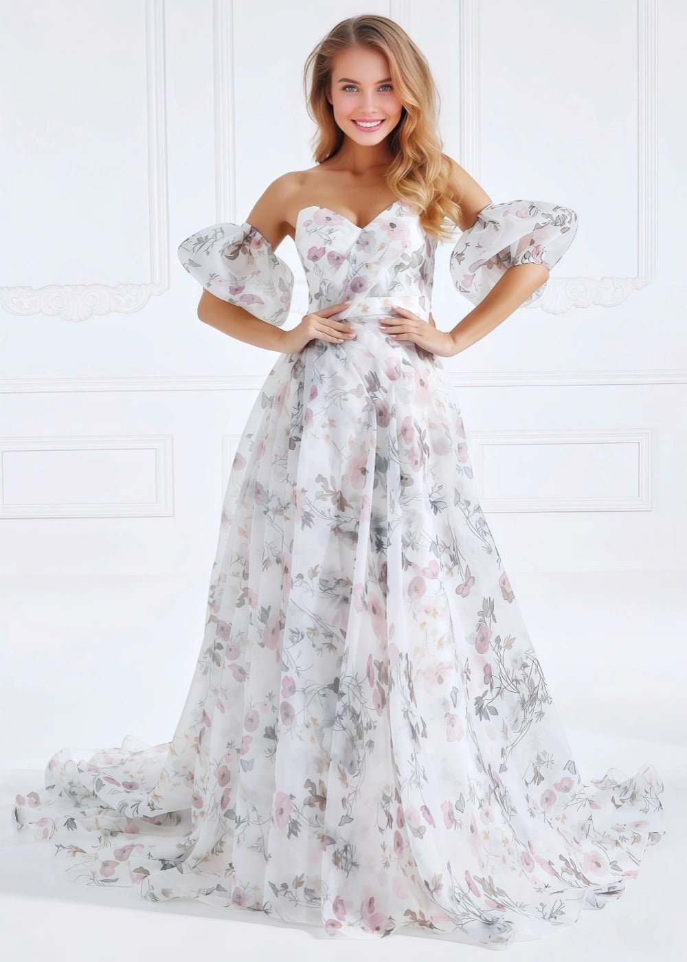 Ball Gown/Princess White Print Floral Strapless Corset Detachable Sleeve Formal Dress with Slit - White Floral - PromDressClub