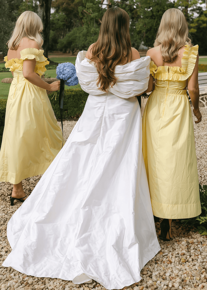 Barbara | Chic A - Line Ruffles Backless Pale Yellow Satin Maxi Bridesmaid Dress with Off the Shoulder - Price #price_variant_lowest# - Pale Yellow - PromDressClub