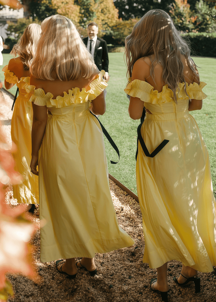 Barbara | Chic A - Line Ruffles Backless Pale Yellow Satin Maxi Bridesmaid Dress with Off the Shoulder - Price #price_variant_lowest# - Pale Yellow - PromDressClub