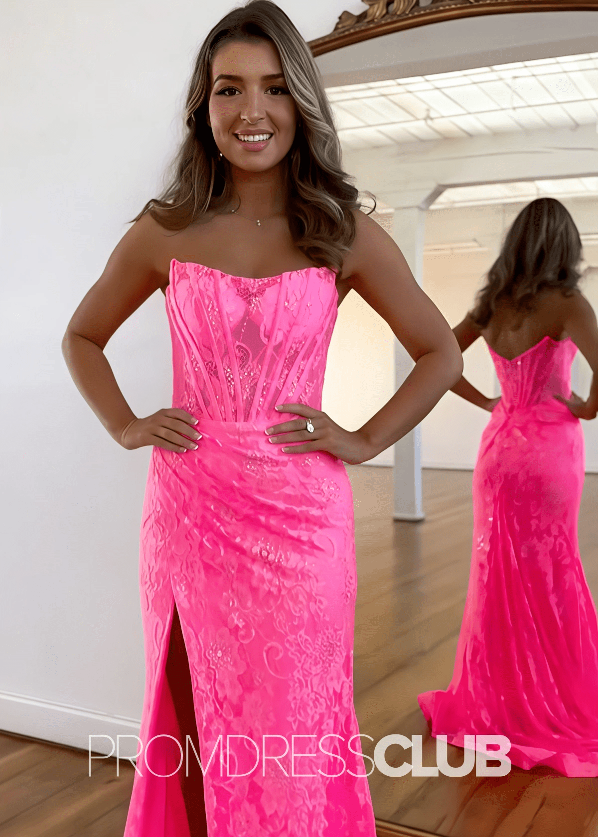 Barbara |Royal Blue Prom Dress Long Mermaid Glitter Beaded Strapless Lace With Slit - Hot Pink - PromDressClub