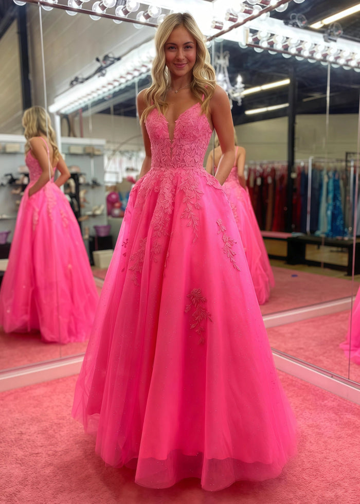 Bblythe | Hot Pink Ball - Gown/Princess V Neck Corset Tulle Formal Dress with Lace - Hot Pink - PromDressClub