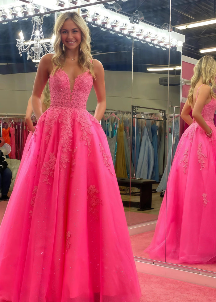 Bblythe | Hot Pink Ball - Gown/Princess V Neck Corset Tulle Formal Dress with Lace - Hot Pink - PromDressClub