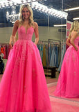 Bblythe |A Line V Neck Fuchsia Tulle Long Prom Dress - Fuchsia - US0 - PromDressClub