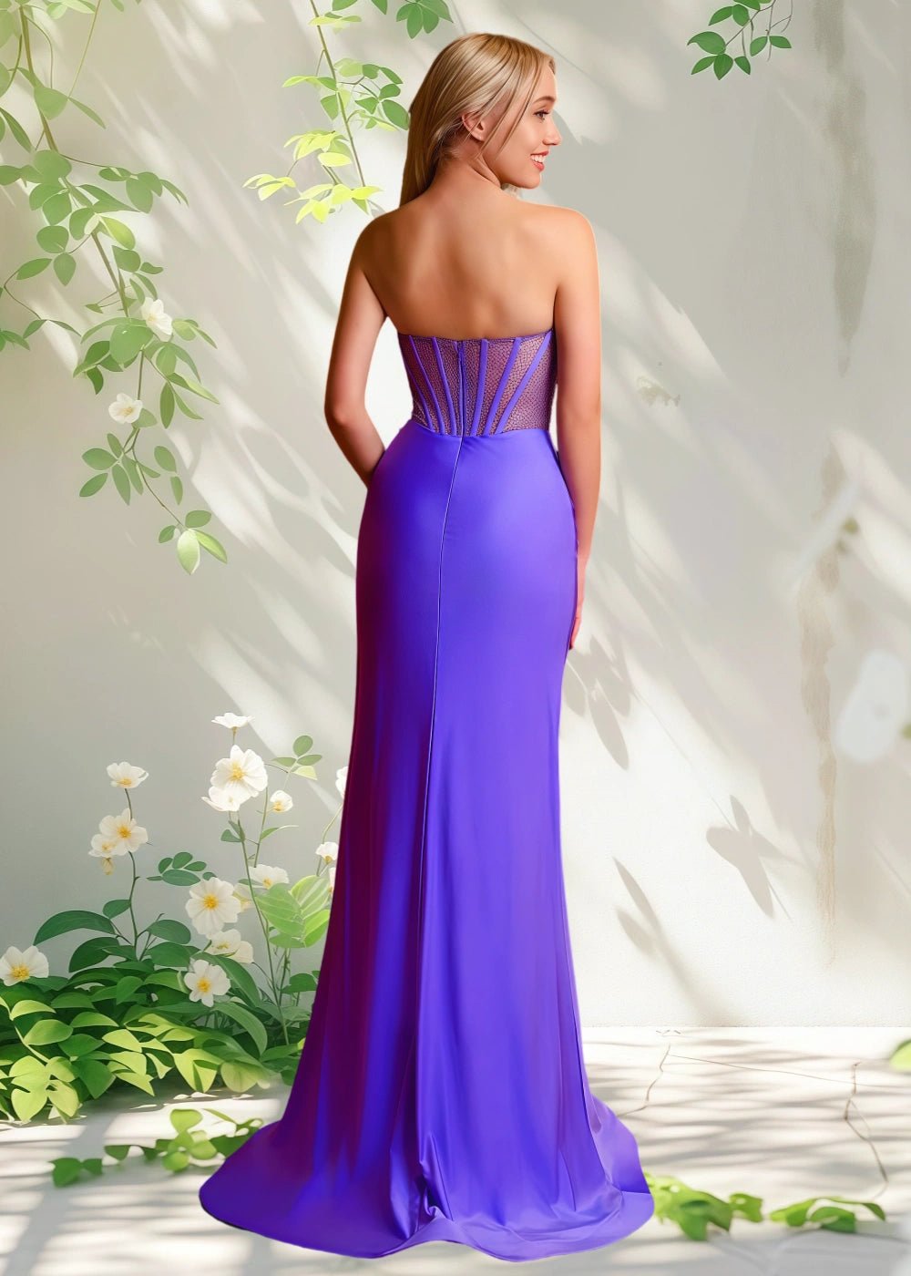 Bella | Mermaid Fuchsia Pleated Strapless Corset Beaded Formal Dress with Slit - Purple - PromDressClub