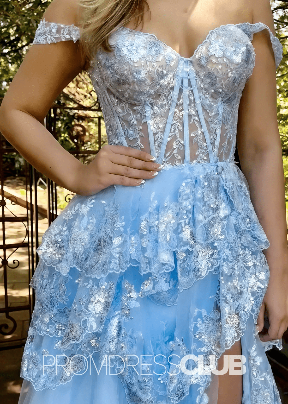 Belle |Lilac Prom Dress Long A - Line Romantic Off The Shoulder Glitter With Appliques - Light Blue - PromDressClub