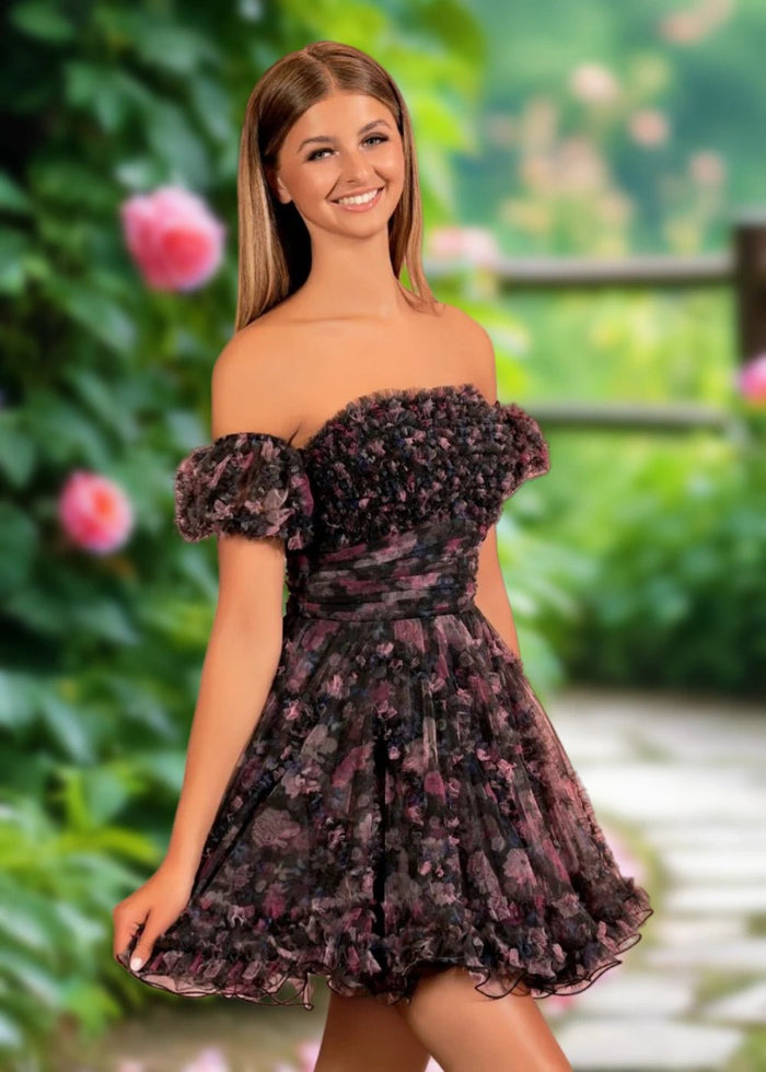 Bernadette | A Line Light Blue Floral Tulle Puff Sleeve Strapless Homecoming Dress with Ruffles - Black Floral - PromDressClub