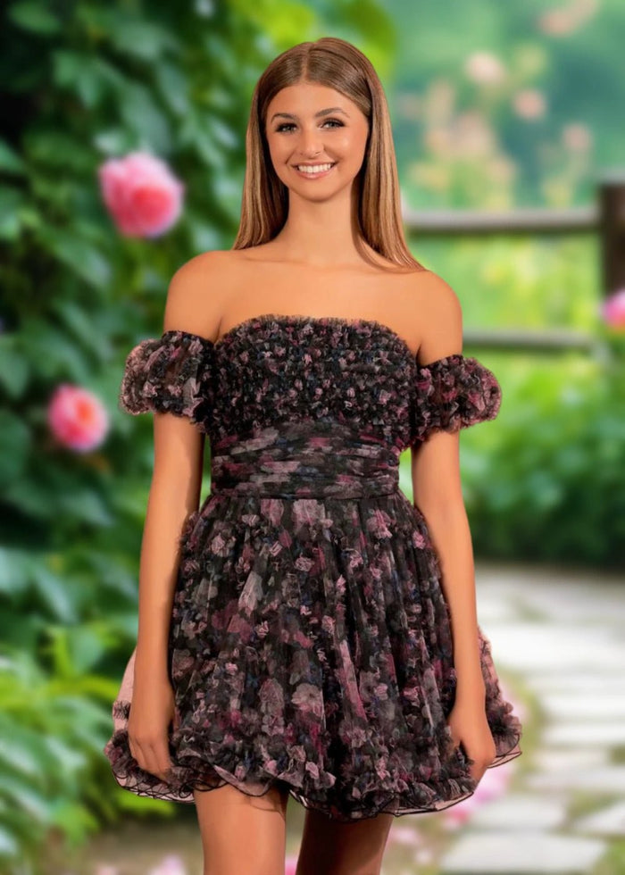 Bernadette | A Line Light Blue Floral Tulle Puff Sleeve Strapless Homecoming Dress with Ruffles - Black Floral - PromDressClub