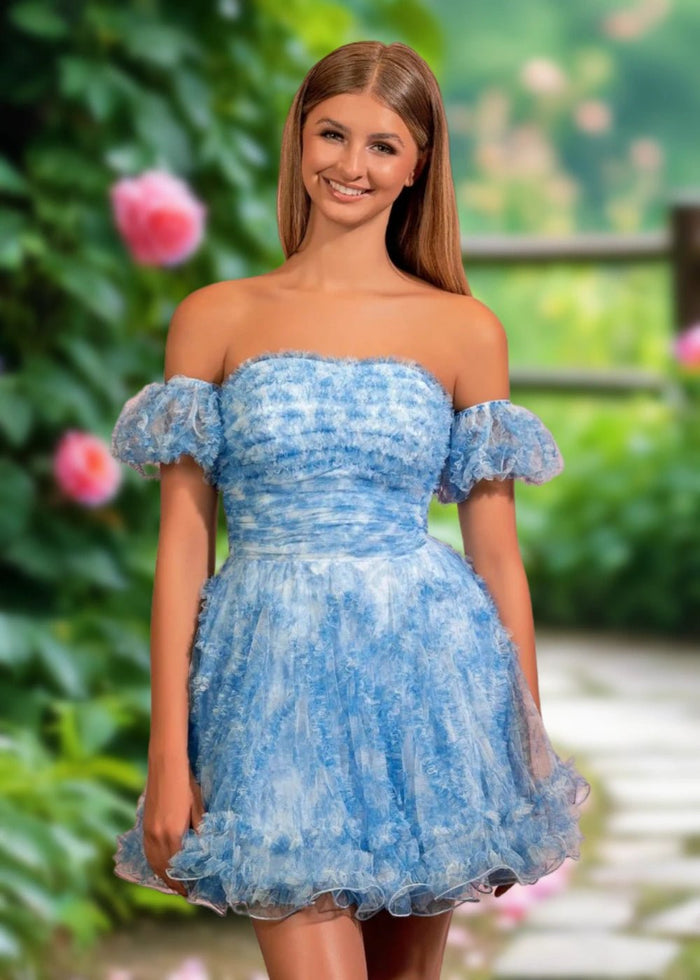Bernadette | A Line Light Blue Floral Tulle Puff Sleeve Strapless Homecoming Dress with Ruffles - Light Blue Floral - PromDressClub