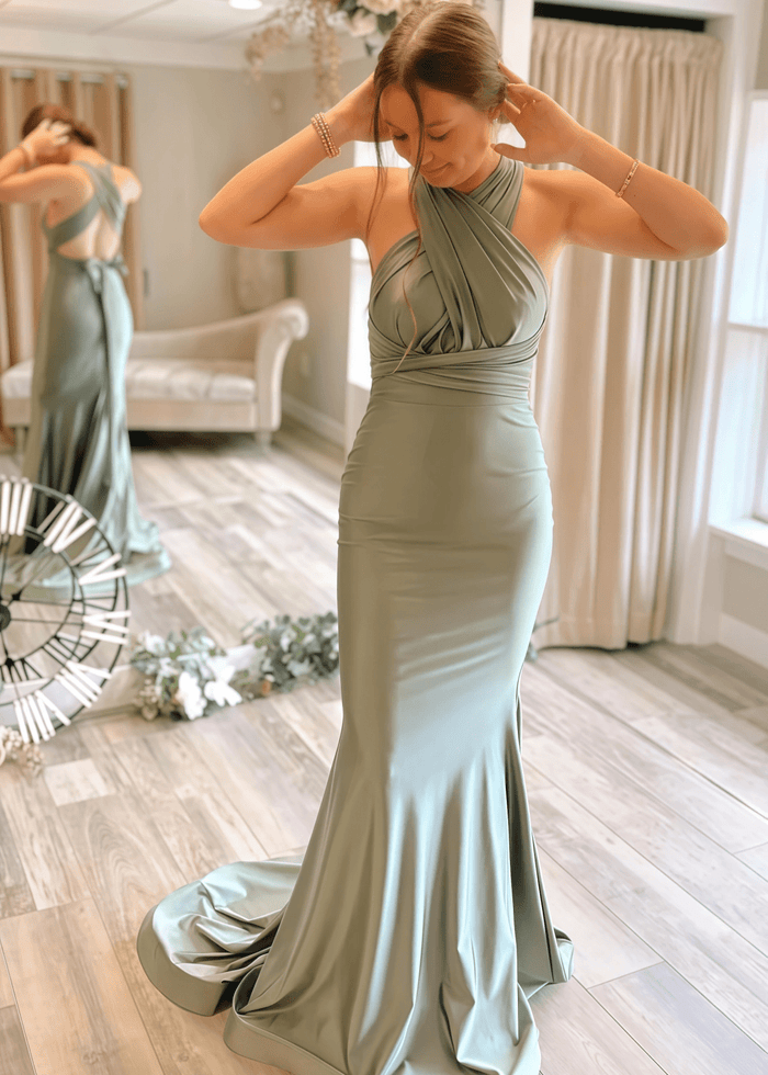 Bernice | Amazing Evening Trumpet Bows Backless Sage Green Satin Maxi Formal Dress with Deep V - Neck - Price #price_variant_lowest# - Sage - PromDressClub