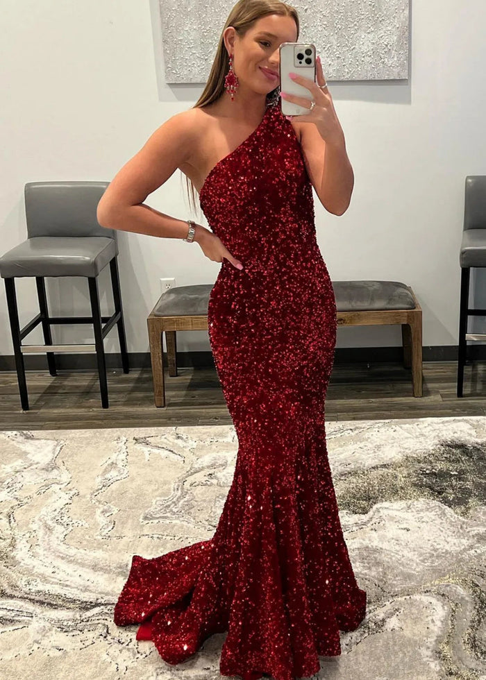 Bernice | Mermaid Long Pink Prom Dresses With Sequins One Shoulder - Burgundy - PromDressClub