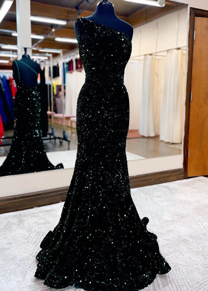 Bernice | Mermaid Long Pink Prom Dresses With Sequins One Shoulder - Dark Green - PromDressClub