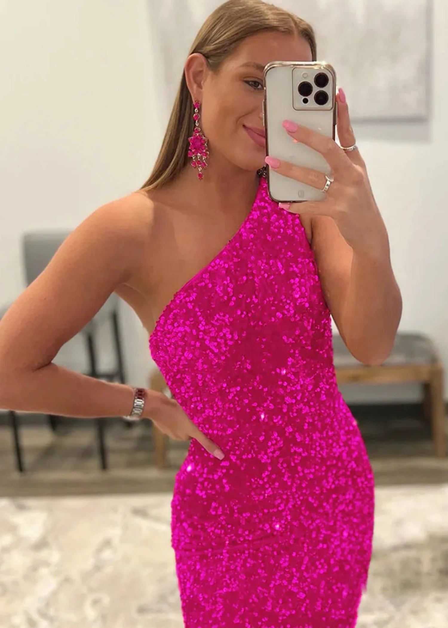 Bernice | Mermaid Long Pink Prom Dresses With Sequins One Shoulder - Fuchsia - US0 - PromDressClub