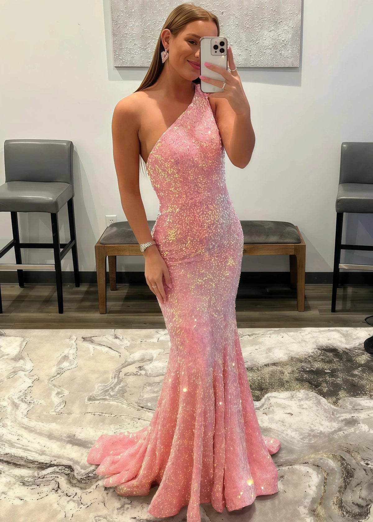 Bernice | Mermaid Long Pink Prom Dresses With Sequins One Shoulder - Pink - US0 - PromDressClub