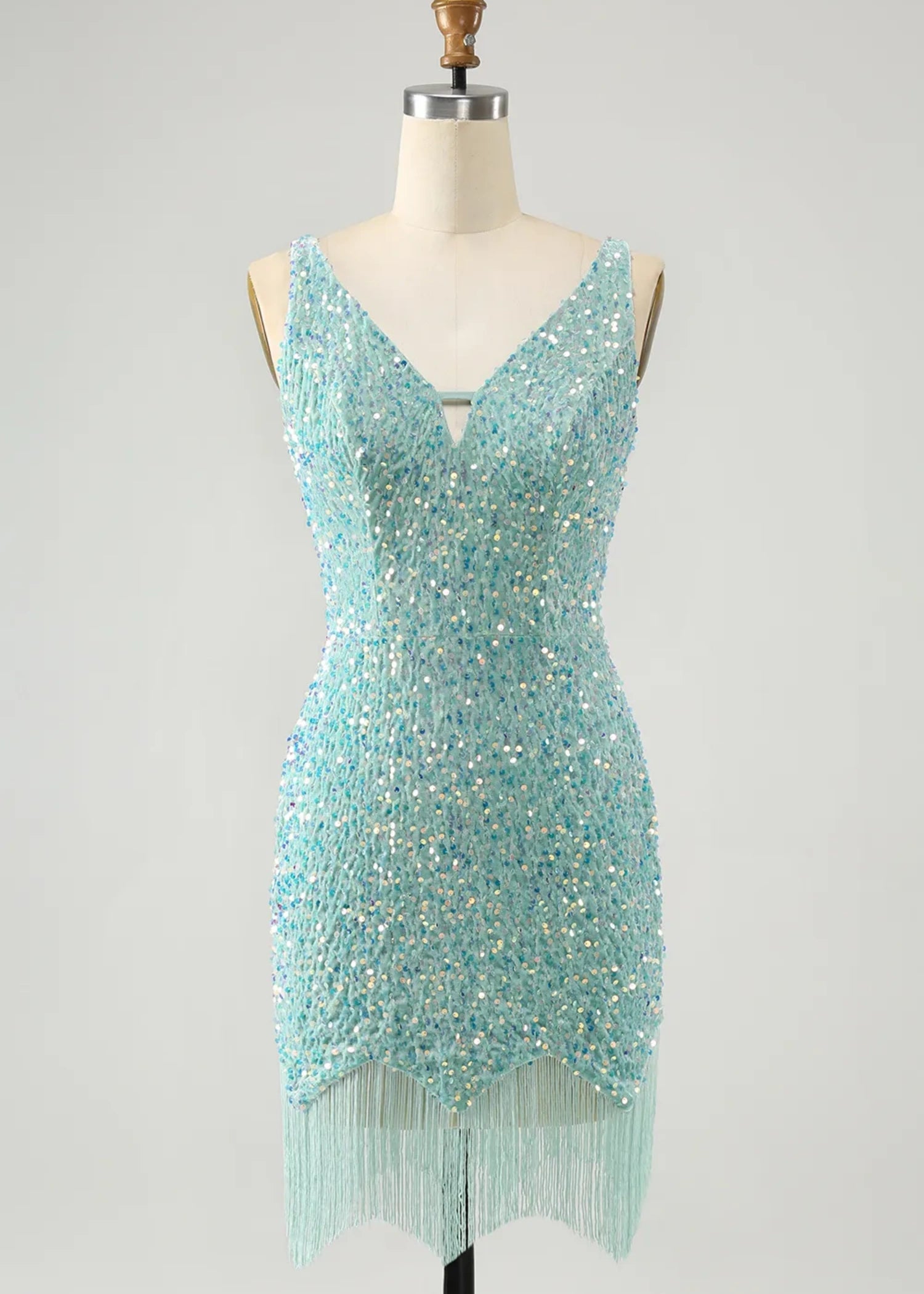 Beryl |Bodycon V - neck Sequins Short Dark Blue Homecoming Dress With Fringe - Sage - PromDressClub