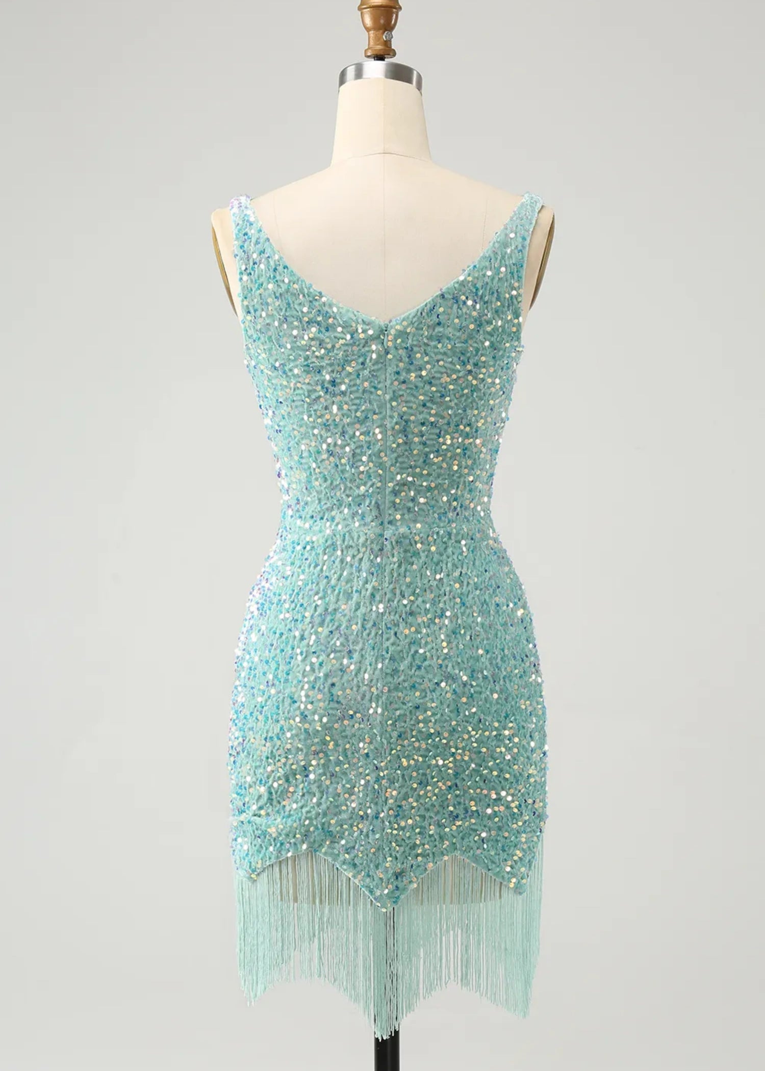 Beryl |Bodycon V - neck Sequins Short Dark Blue Homecoming Dress With Fringe - Sage - PromDressClub