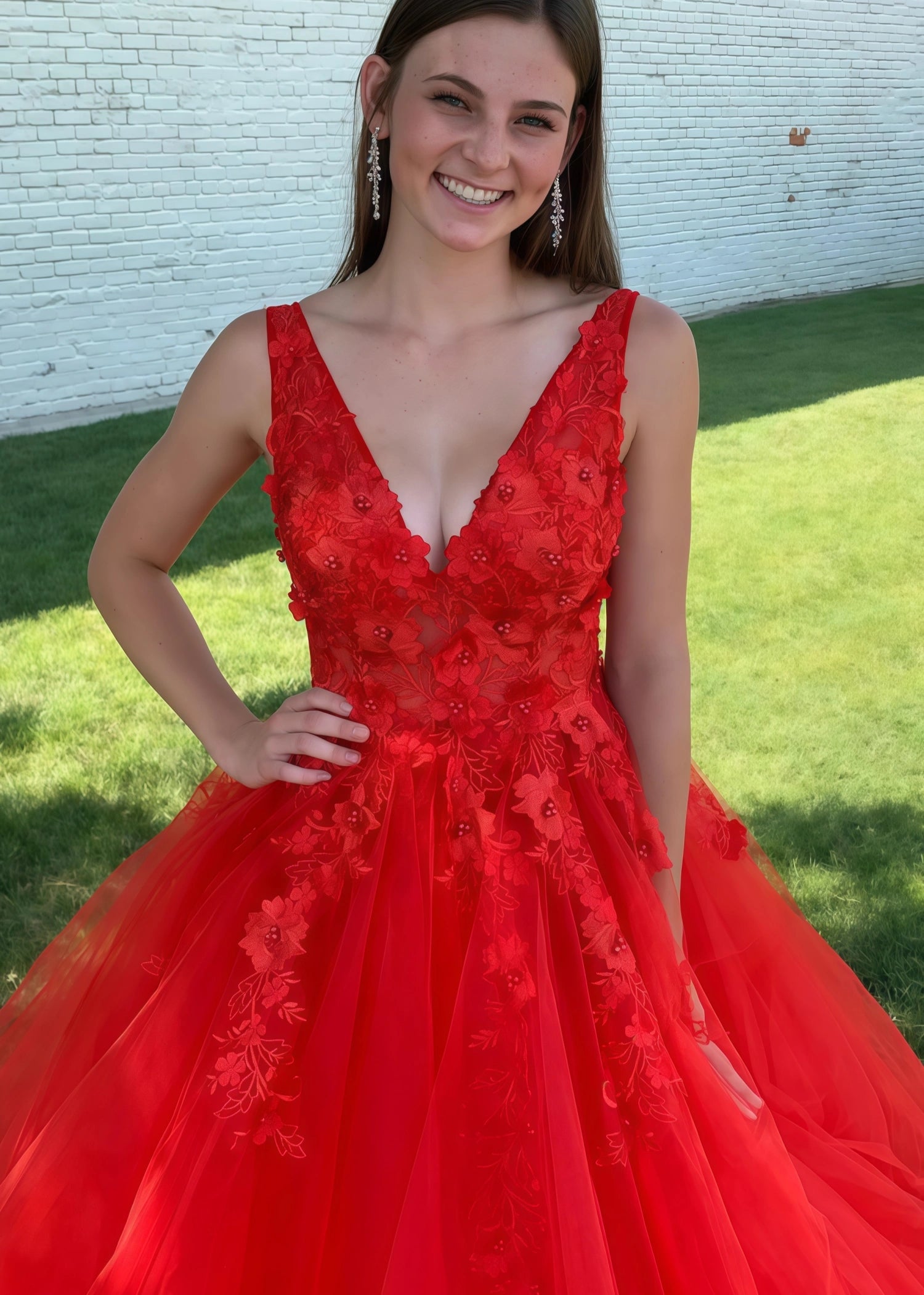 Betsy | A - Line Long Red Prom Dress With V - Neck Lace Appliques - Red - US0 - PromDressClub