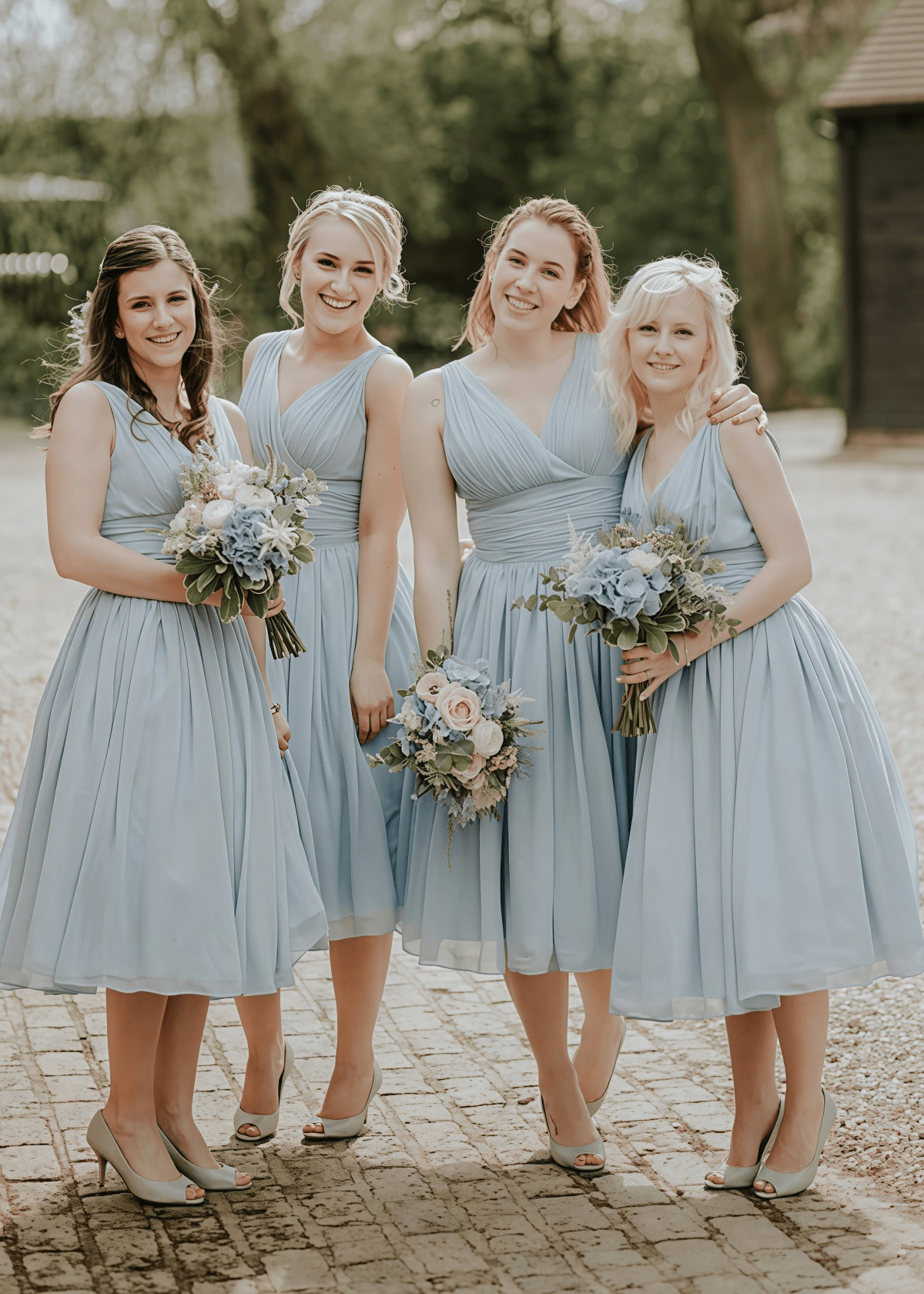 Betty | A - Line Ruched Beach Dusty Blue Chiffon Midi Bridesmaid Dress with V - Neck - Dusty Blue - PROMDRESS Club