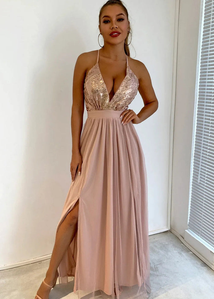 Beverly | A Line Long Green Prom Dress With V - neck Sequin Slit - Blush - PromDressClub