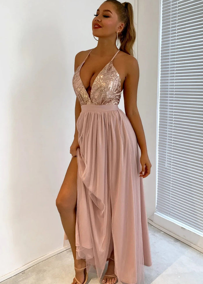 Beverly | A Line Long Green Prom Dress With V - neck Sequin Slit - Blush - PromDressClub