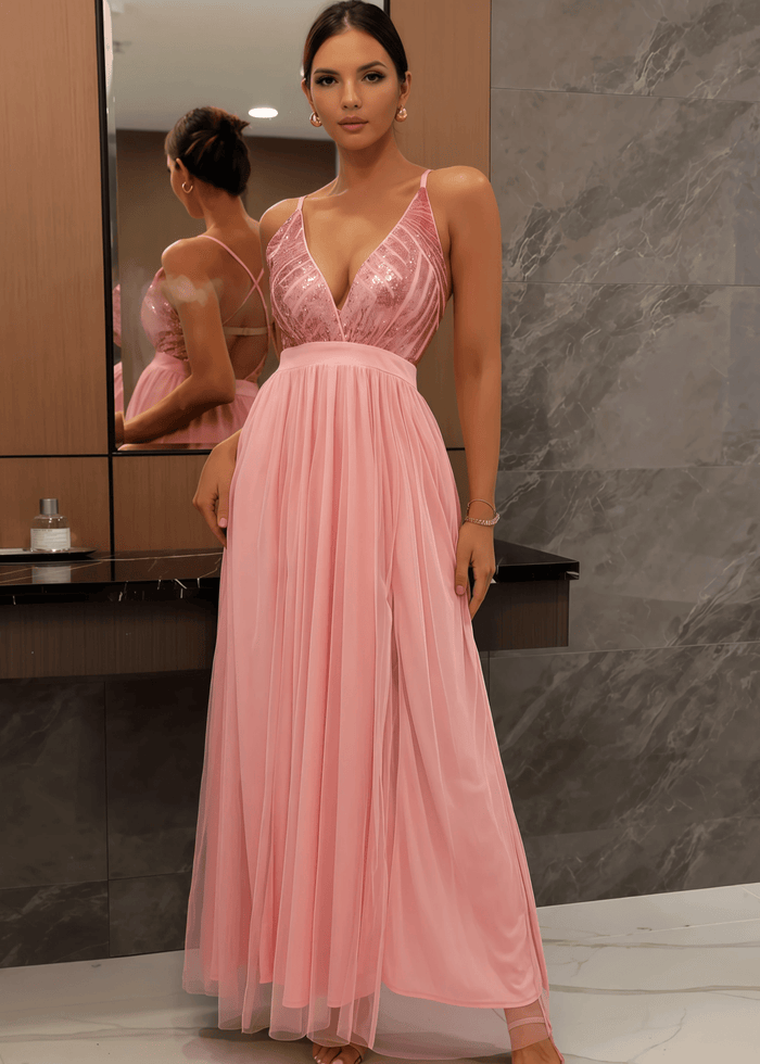 Beverly | A Line Long Green Prom Dress With V - neck Sequin Slit - Pink - PromDressClub