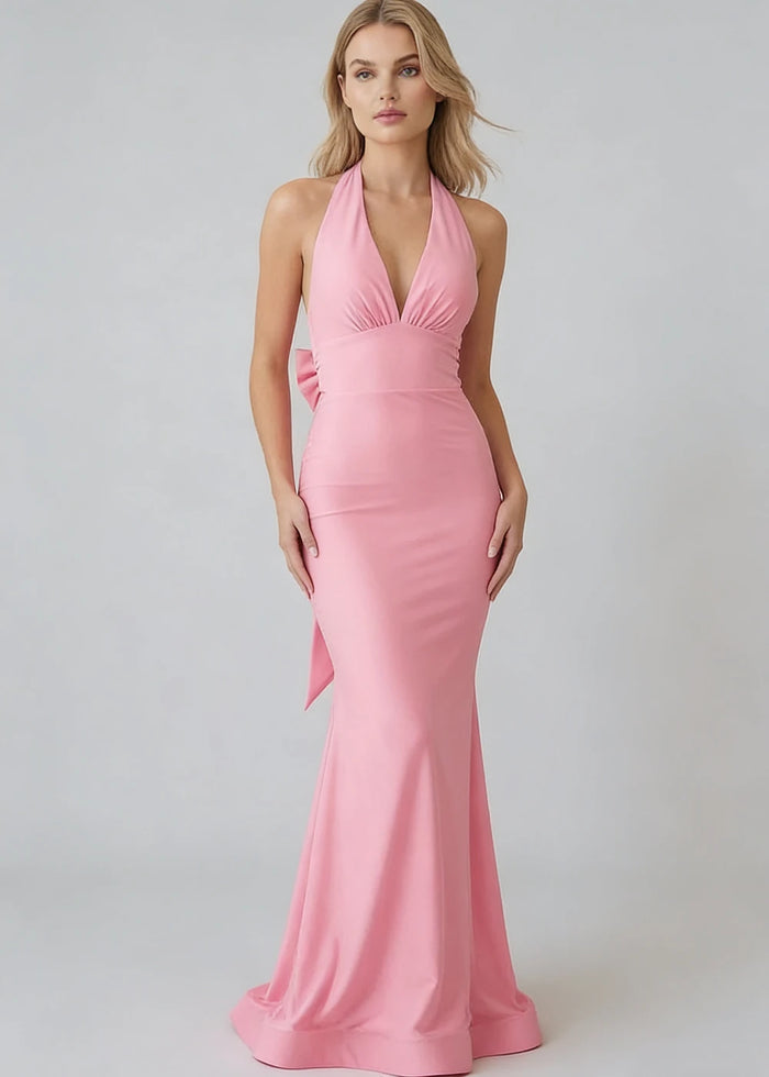 Bex Pink Satin Prom Dress with Halter Top | Mermaid V - Neck Pleated Sweep Train Bow Formal Dress - Pink - PromDressClub