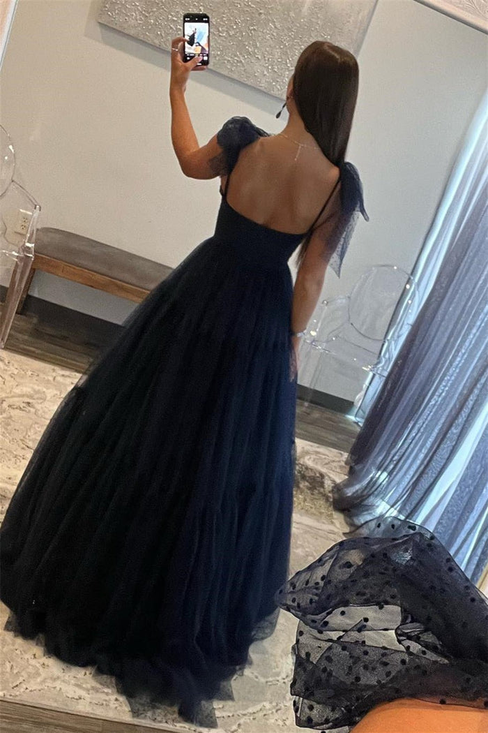 Caroline | Ball Gown Tulle Black Corset Open Back Prom Dress with Bow - Black - PromDressClub
