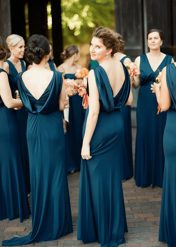 Blythe | Chic A - Line Backless Boho Navy Blue Chiffon Maxi Bridesmaid Dress with V - Neck - Price #price_variant_lowest# - Navy Blue - PromDressClub