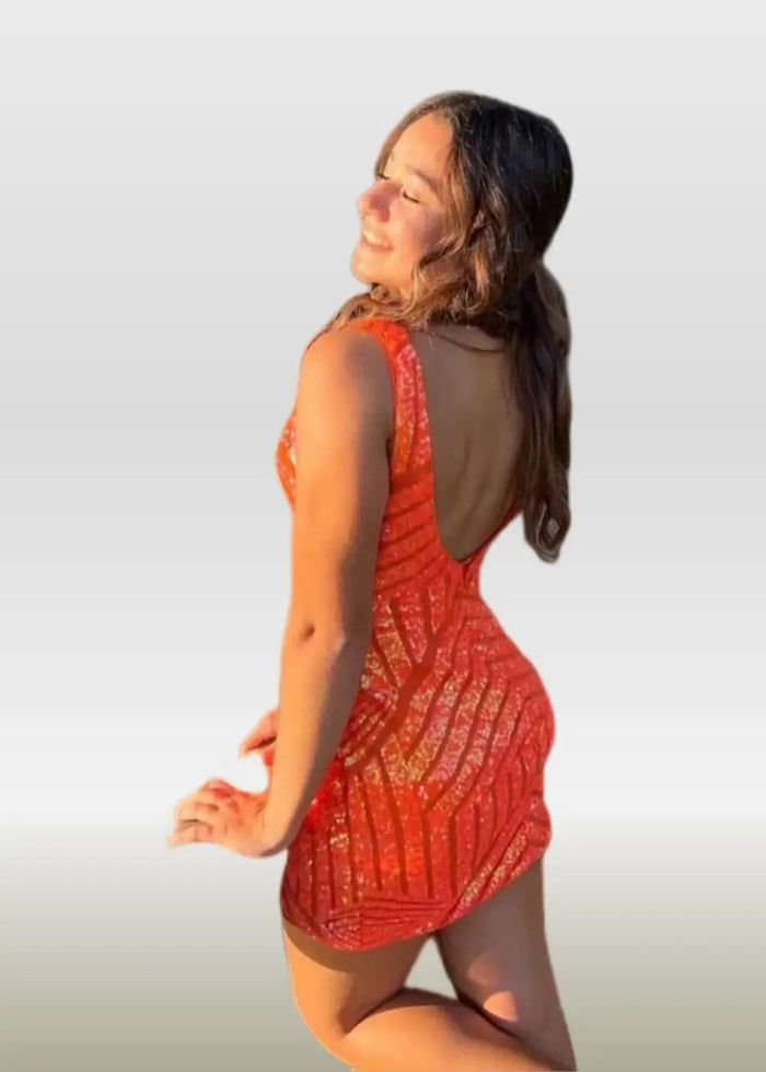 Olive |Bodycon Fuchsia Open Back V - Neck Tight Corset Dress Short Homecoming Dress with Sequins - Orange - PromDressClub