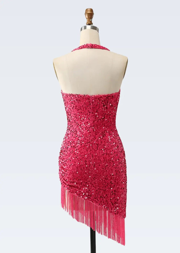 Nancy |Bodycon Sparkly V - Neck Fuchsia Halter Neck Sequins Short Homecoming Dress with Fringe - Fuchsia - PromDressClub
