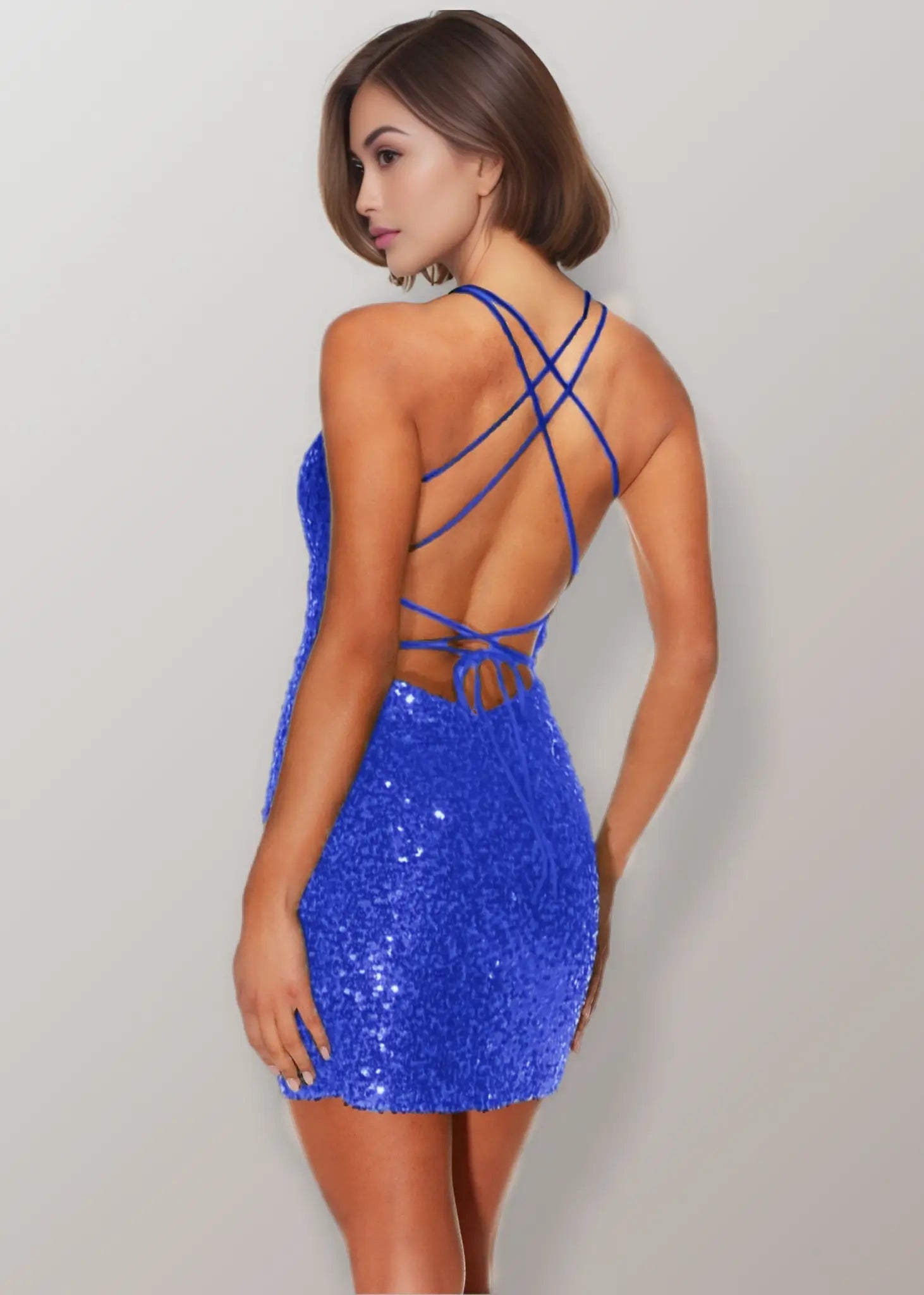 Monica |Bodycon Straight Plunging Neckline Strappy Back Sequin Mini Green Short Homecoming Dress With Sparkly - Royal Blue - PromDressClub