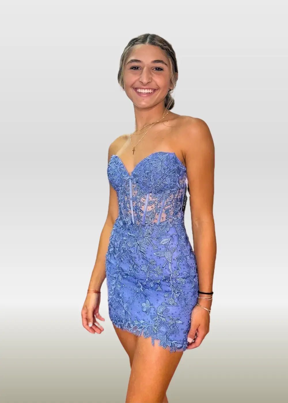 Mildred |Bodycon Sweetheart Corset Dress Pink Lace Homecoming Dress with Appliques - Light Blue - PromDressClub